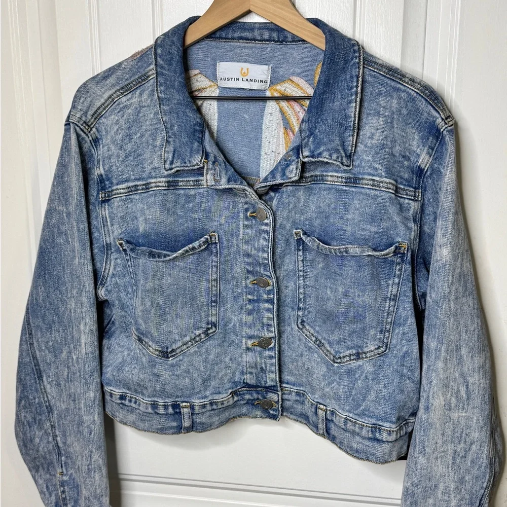 Austin Landing Cropped Denim Jacket Embroidered Wings Medium Boho Western - Picture 2 of 8